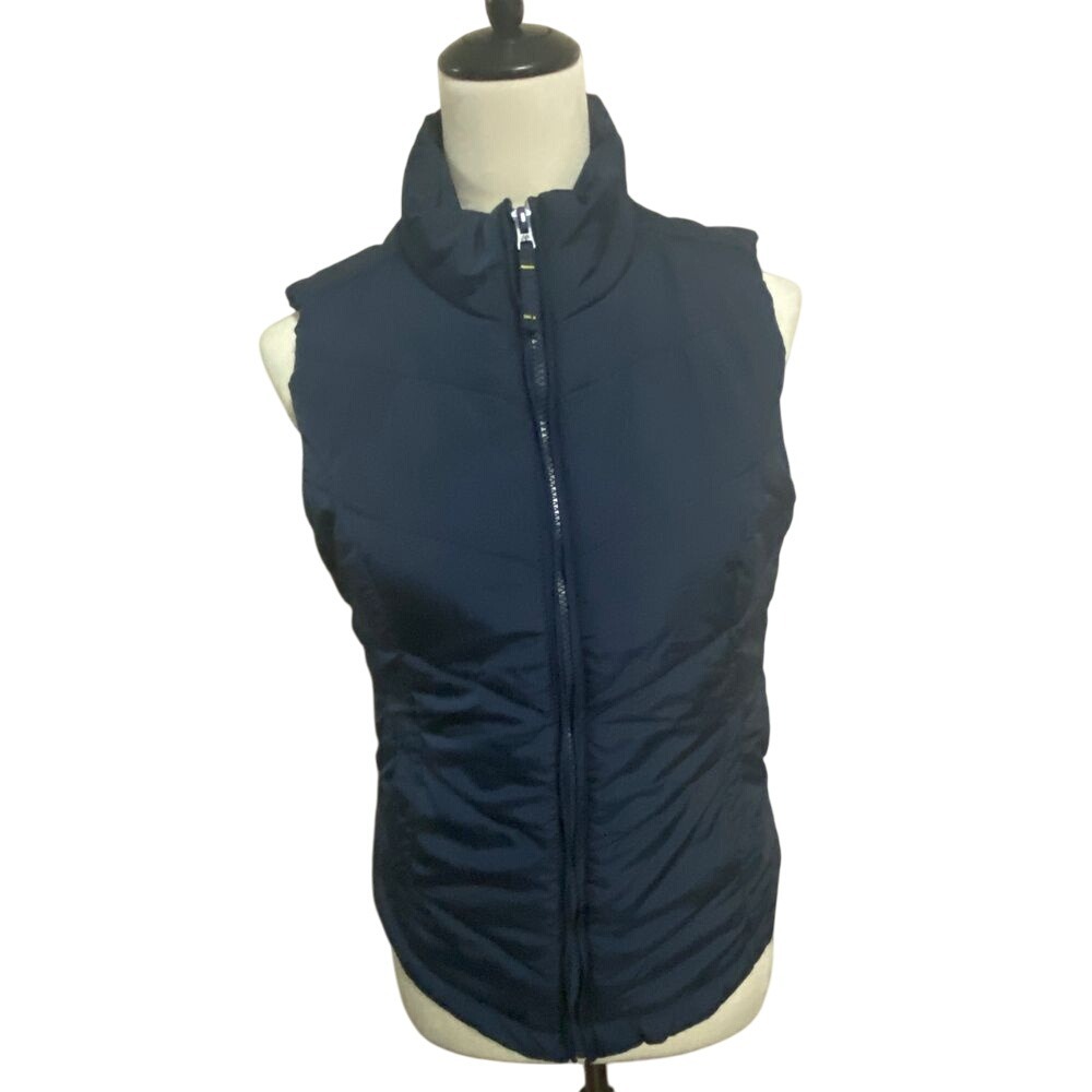 Aeropostale Women's Medium Reversible Puffer Vest Navy Blue Neon Yellow Zip-Up